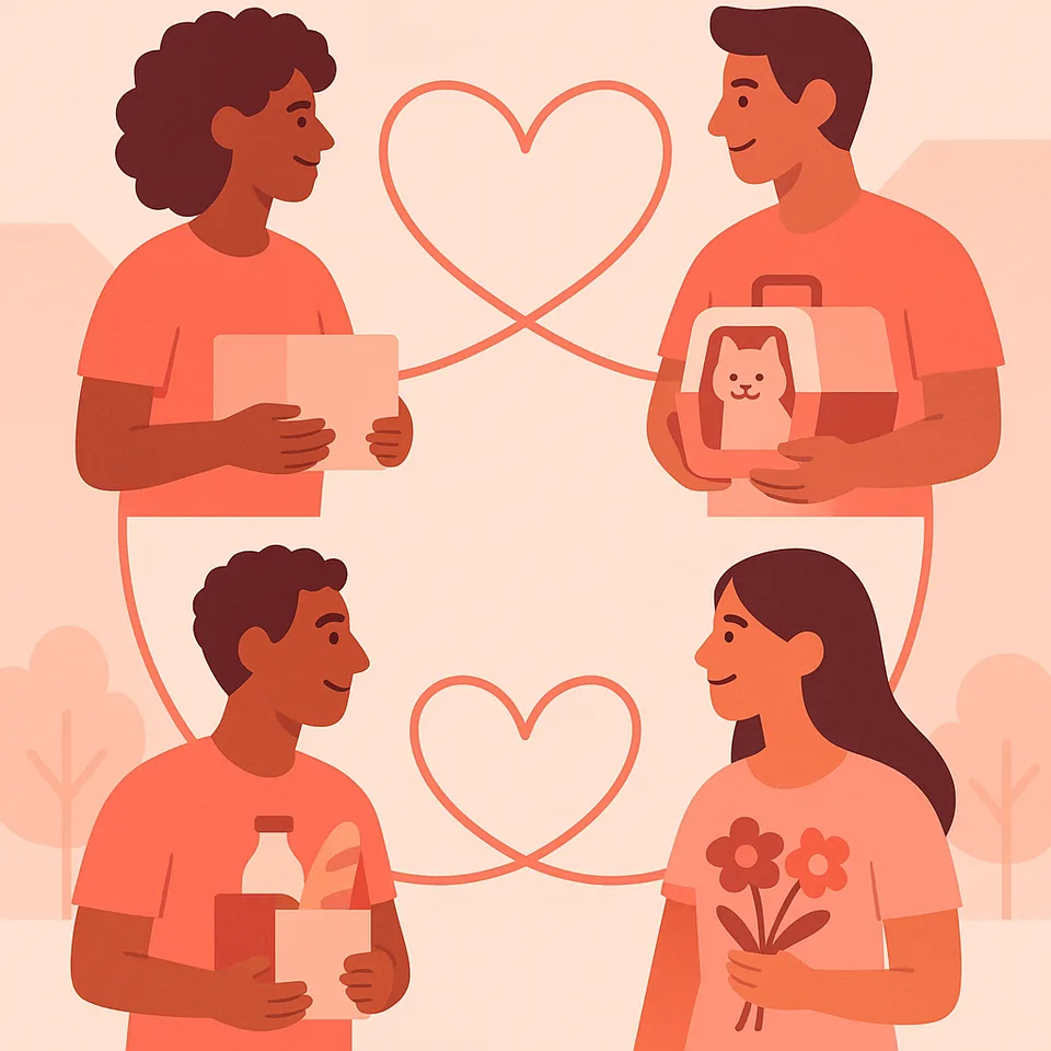 Ilustração de pessoas se conectando para doar itens essenciais e tempo a quem precisa